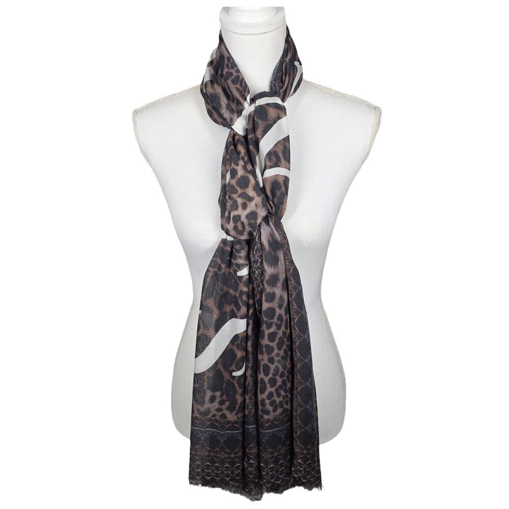 ALLSAINTS OVERSIZED LEOPARD LOGO 74" x 24" MODAL BLEND SCARF – TAN/BLACK/WHITE